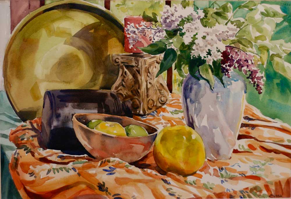 Lilacs with Kimono, watercolor, 31" x 23 1/2", custom framed, $975 by Gwendolyn Evans