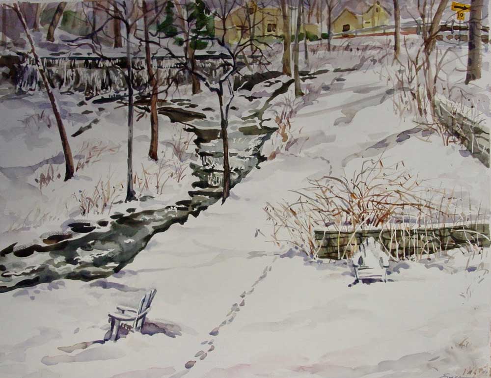 Winter Solitude, Shawnee-on-Delaware, watercolor by Gwendolyn Evans