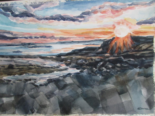 Sunset on the Rocks, Pemaquid, watercolor, approx. 26" x 20," custom framed $875 by Gwendolyn Evans