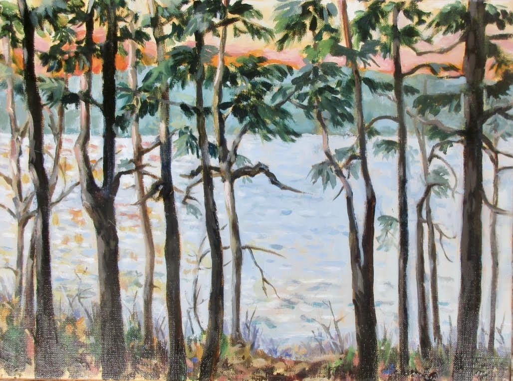 Damariscotta View at Sunset, framed oil,16 1/2 " x 13 1/2," $575 by Gwendolyn Evans