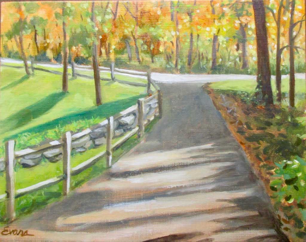 Two Roads Diverging by a Yellow Wood, framed oil on canvas, 14 " x 11," $575