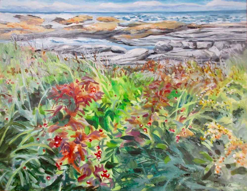 Coastal Roses, framed oil on wood panel, 22" x 18" by Gwendolyn Evans.