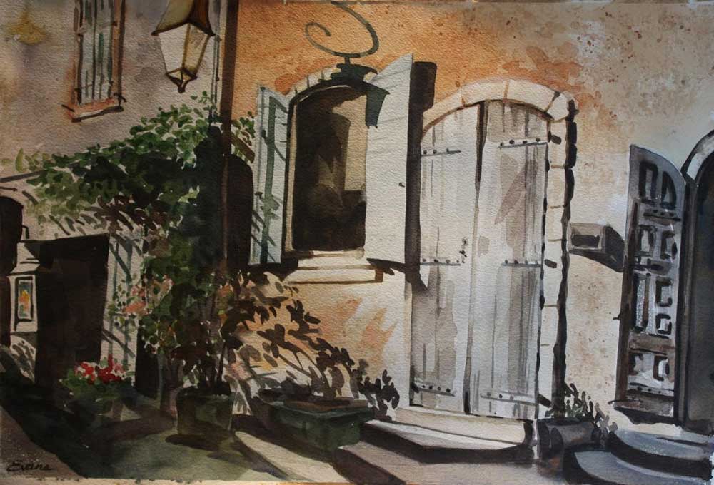 Rue Charmant, framed watercolor, 22" x17" by Gwendolyn Evans