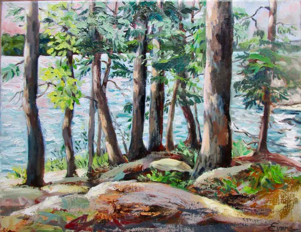 Damariscotta Sunset Through the Pines #2, framed oil, 21" x 18" $975 by Gwendolyn Evans