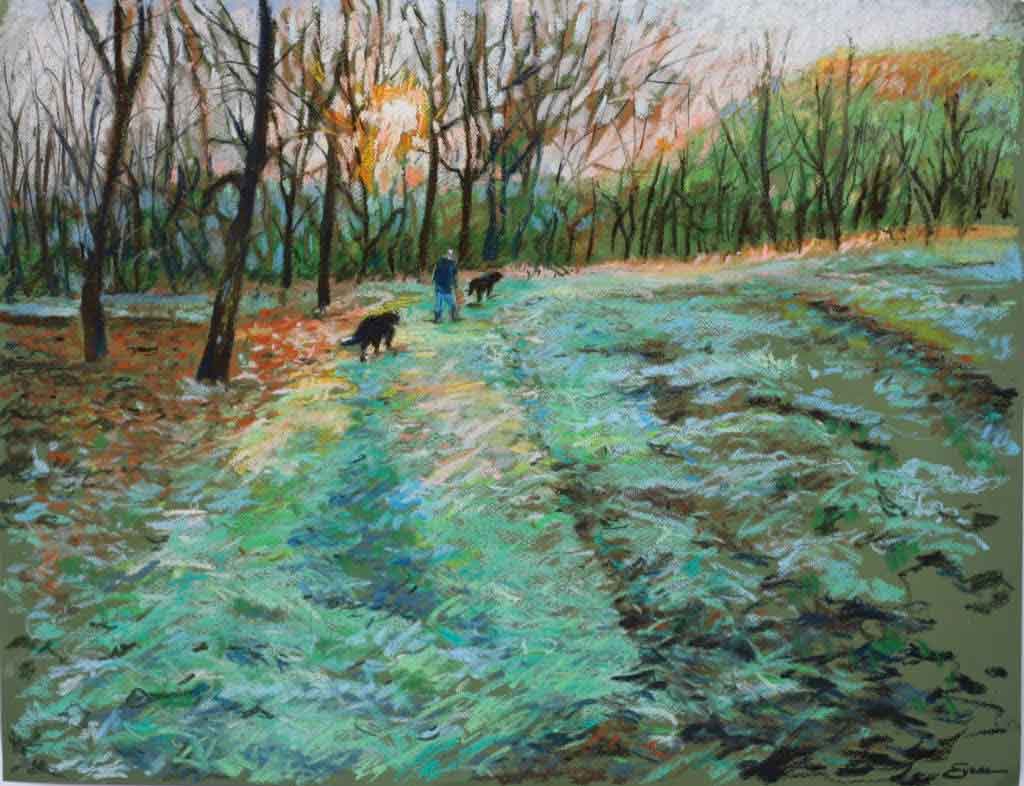 A Man and His Dogs, pastel, approx. 30" x 26", NFS, by Gwendolyn Evans