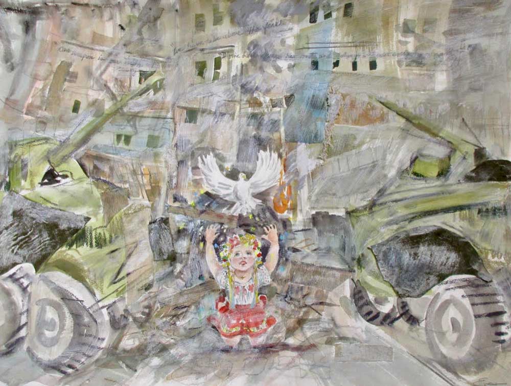 Ukraine: Above the Fear, mixed media, 36" x 26", framed, $400 by Gwendolyn Evans (to be donated to The International Rescue Committee helping Ukrainian refugees) Ukraine: Above the Fear, mixed media, 36" x 26", framed, $400 by Gwendolyn Evans (to be donated to The International Rescue Committee helping Ukrainian refugees)