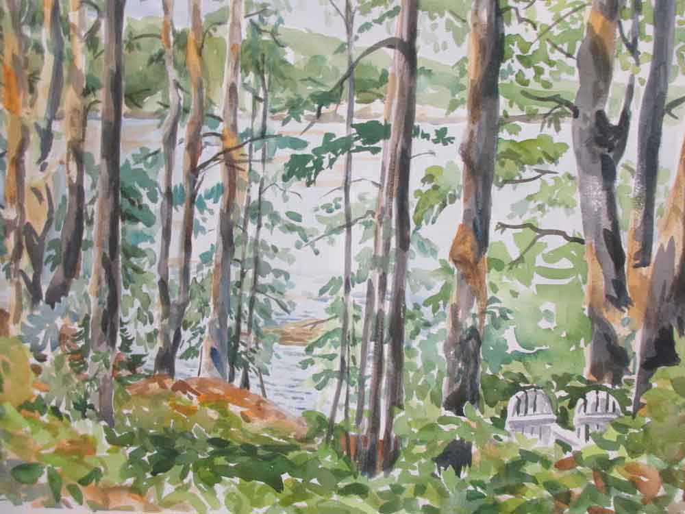 Damariscotta Sunset Through the Pines, watercolor, custom framed, 27" x 22", $875 by Gwendolyn Evans