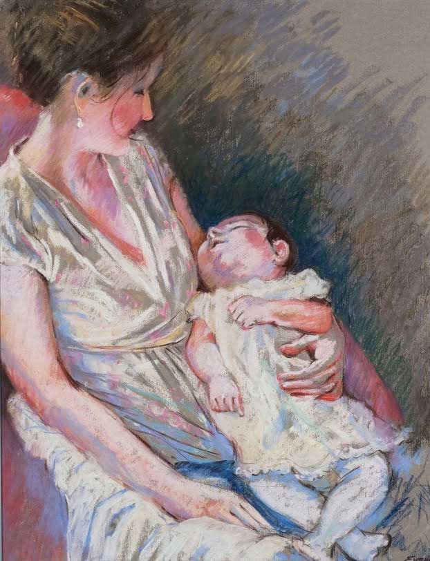 Mother and Child, framed pastel, NFS. 29 1/2" x 35.”  By Gwendolyn Evans