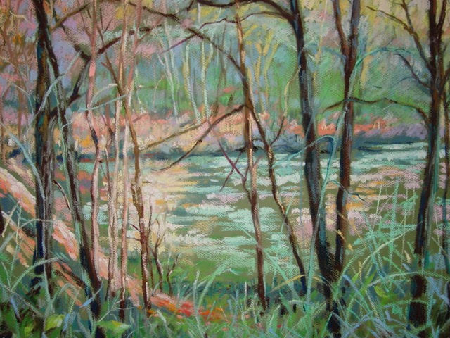 Along the Delaware, pastel, framed, approx. 28" x 22," sold. By Gwendolyn Evans