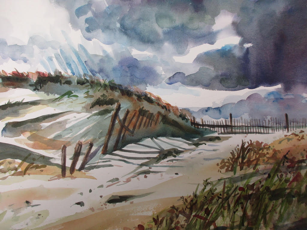 Before the Storm, Cape Cod Beach, watercolor, 26" x 22" , framed, $775 by Gwendolyn Evans