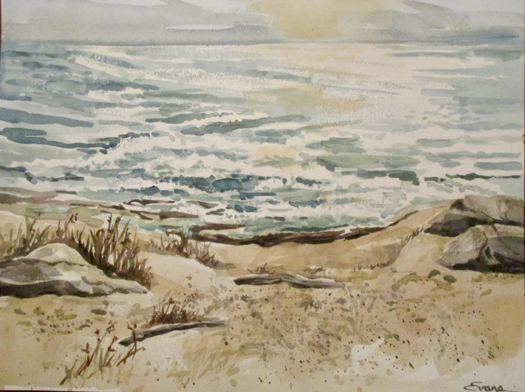 Summer Glow, watercolor, framed, 22" x 18", $775. A mellow start of sunset, Pemaquid, Maine, by Gwendolyn Evans