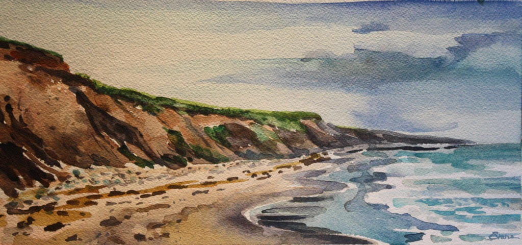 Nova Scotian Beach, framed watercolor, approximately 22" x 12", by Gwendolyn Evans, on loan.