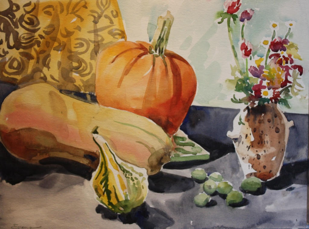 Pumpkin, Gourds, and a Little Bouquet, framed watercolor, 20 1/2" x 17 1/2 " $475 by Gwendolyn Evans