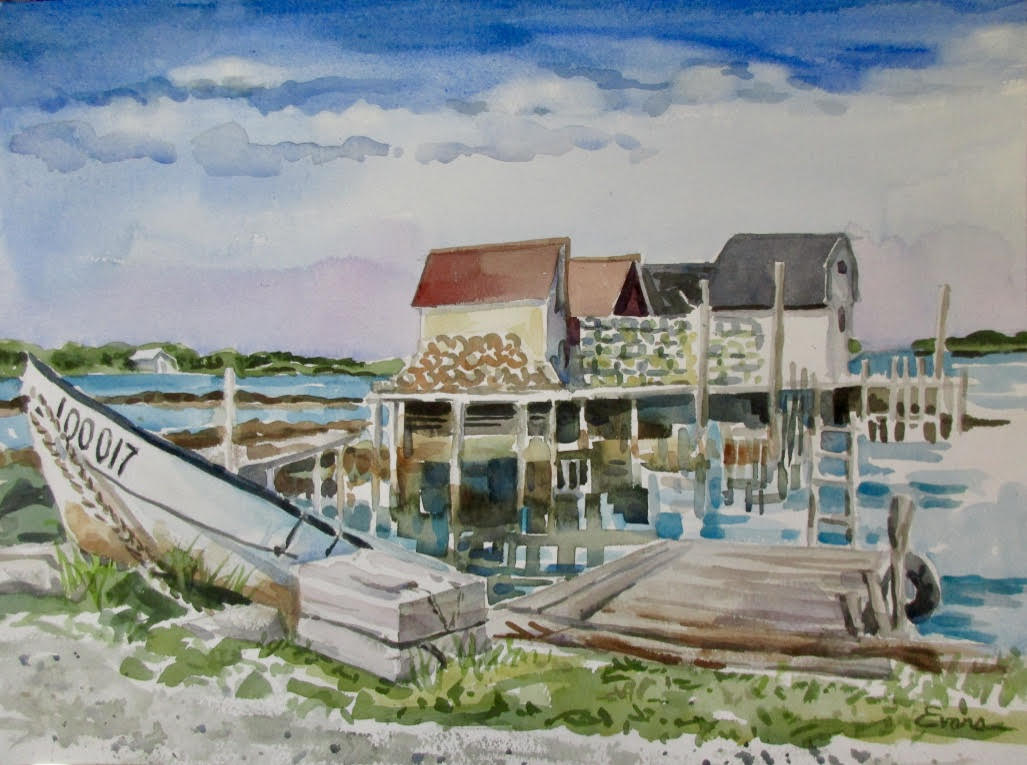 Wharf Reflections, 20" x 15" matted watercolor by Gwendolyn Evans