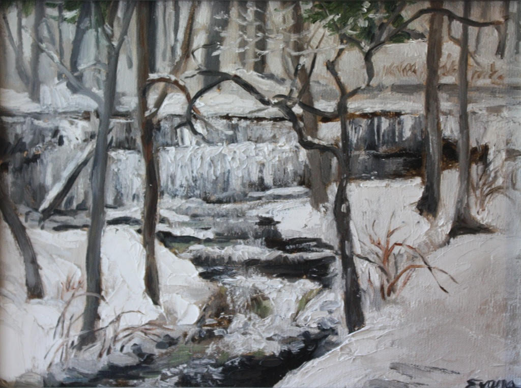 Our Waterfall at Christmas, approx. 20" x 15", oil, by Gwendolyn Evans, sold.
