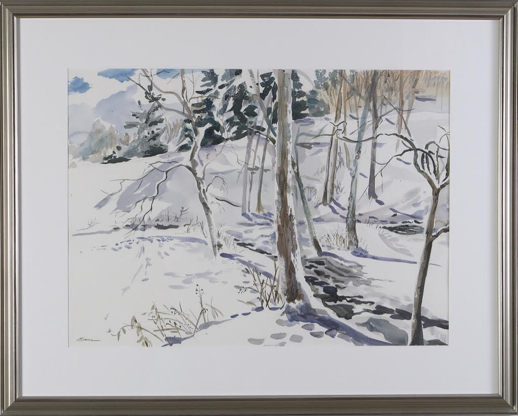 Snow Day, framed watercolor, approx. 30" x 26" by Gwenolyn Evans