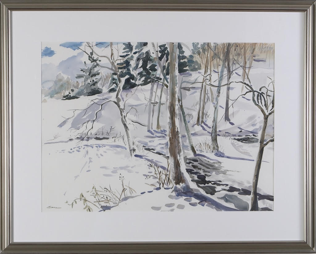 Snow Day, framed watercolor, approx. 30" x 26" by Gwendolyn Evans