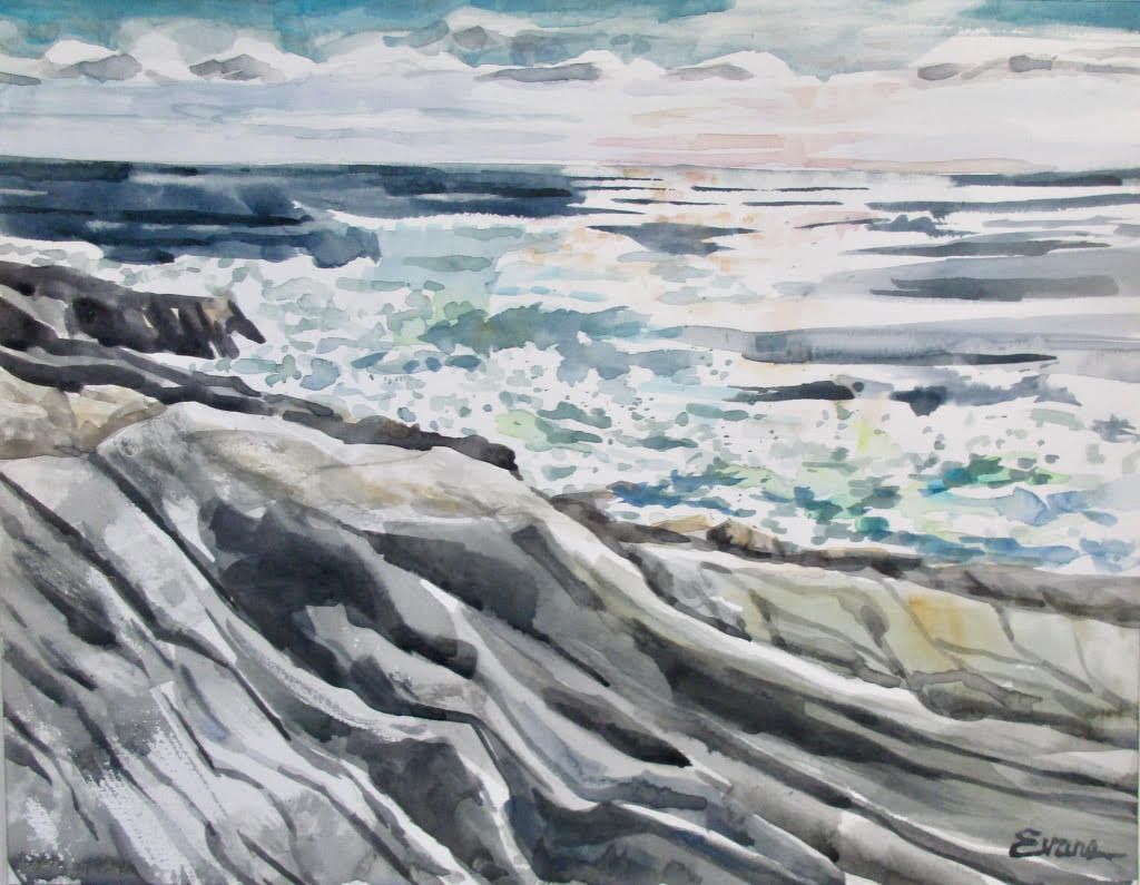 Light Reflections from Pemaquid Ridges, matted. shrink-wrapped watercolor, 20" x 17" $575 by Gwendolyn Evans