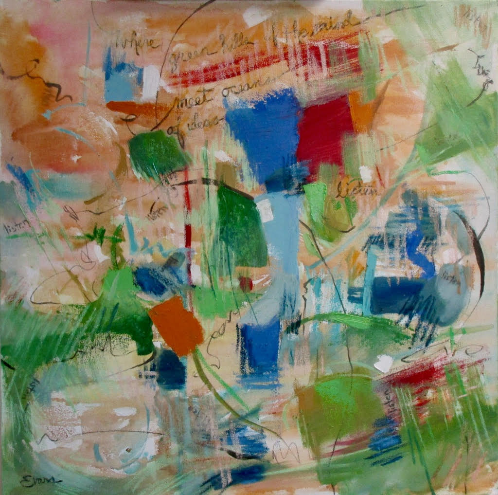 Artwork:  Hills and Oceans of the Mind, mixed media, 24" x 24" $975 by Gwendolyn Evans