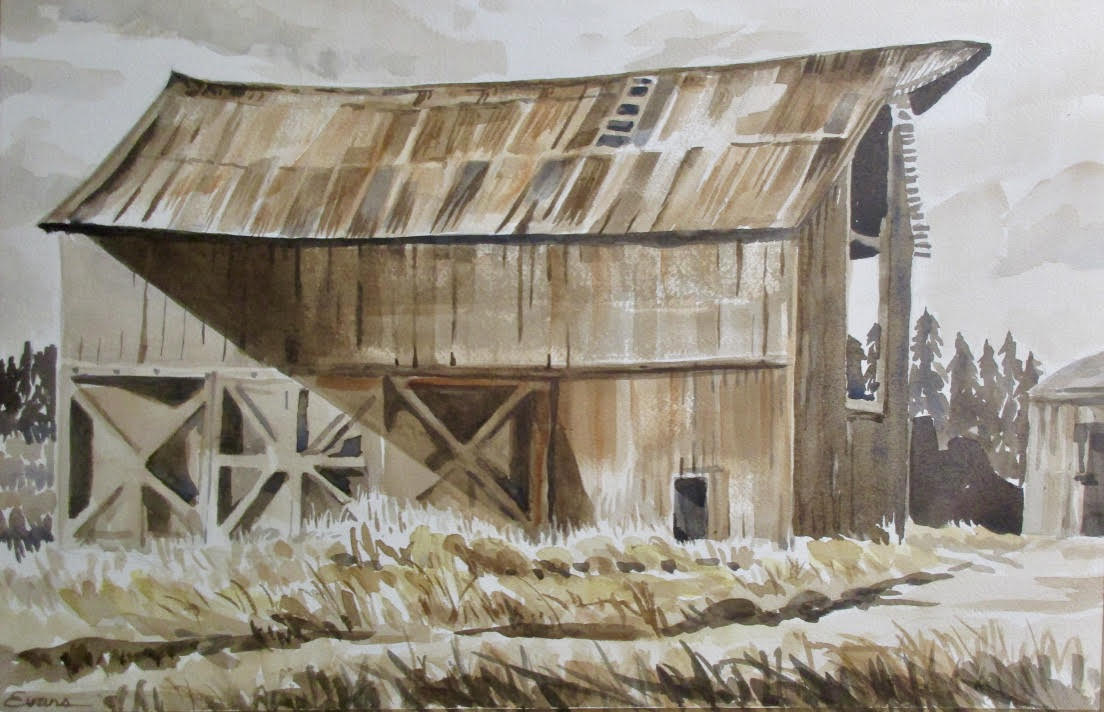 That Old Barn That Used To Be, watercolor, approx. 36" x 30"framed, a gift for my son, by Gwendolyn Evans