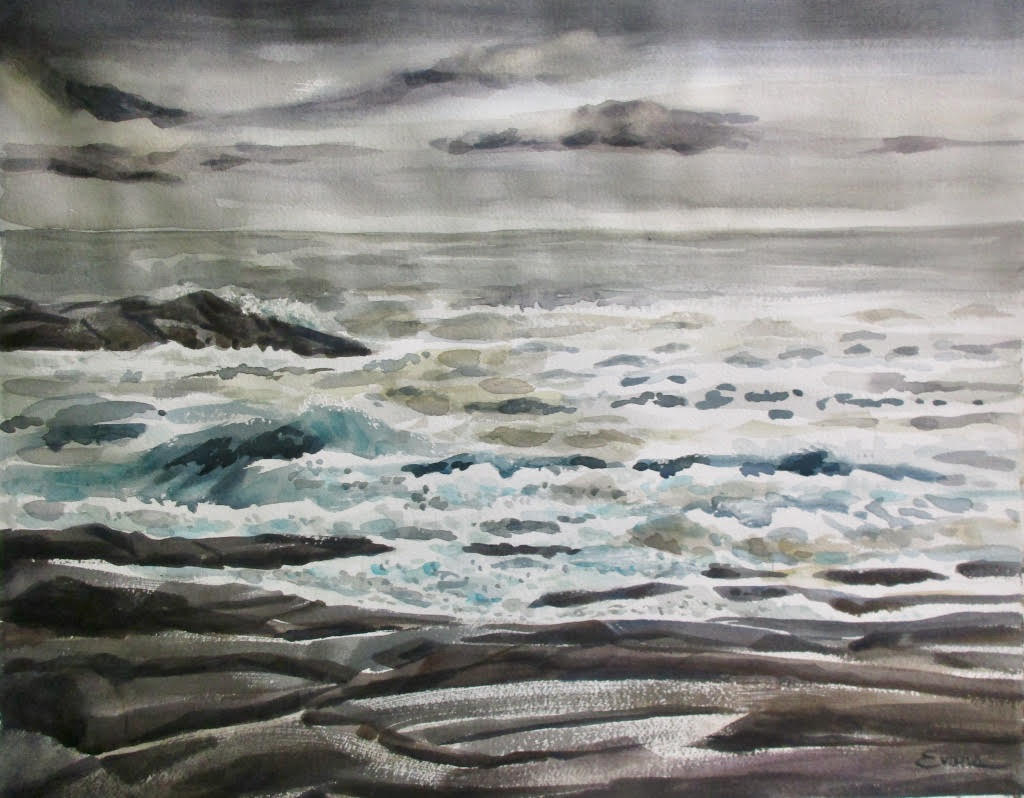 Artwork: Gray Skies, framed watercolor, approx. 30" x 24" by Gwendolyn Evans