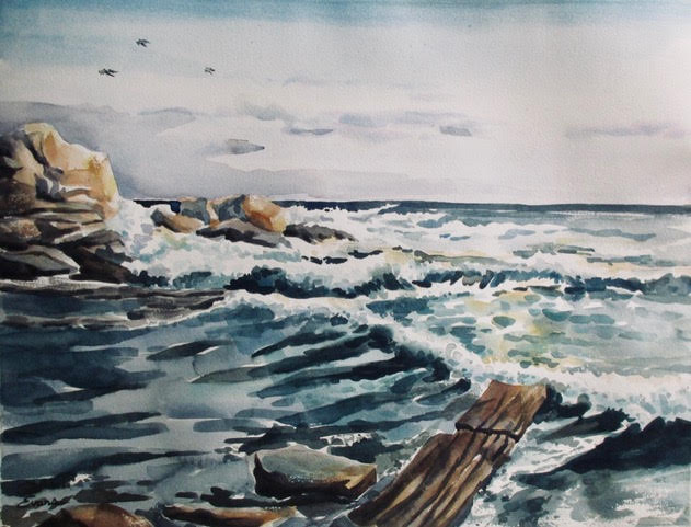 On A Clear Day, framed watercolor, 26" x 22" Painted off the coast near Pemaquid Point, Maine, this watercolor is one of many I've recently done of the ocean.