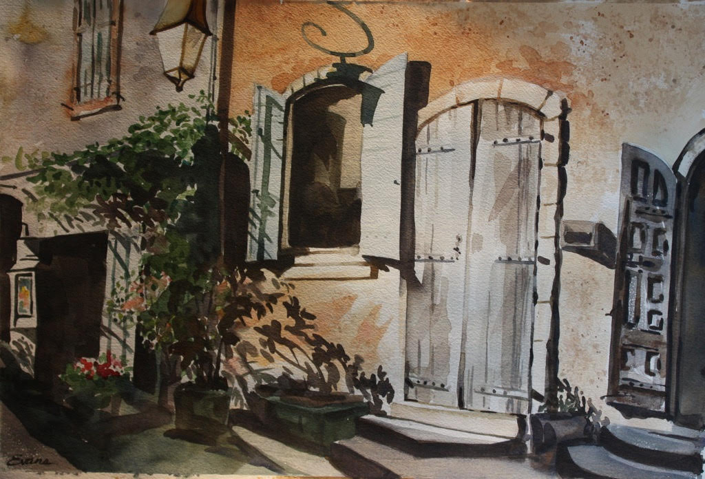 Rue Charmant, watercolor, approx. 22" x 17" by Gwendolyn Evans, SOLD
