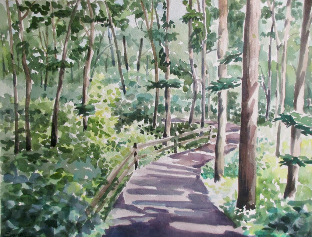 Into the Woods, framed watercolor, 27" x 23," $975 by Gwendolyn Evans