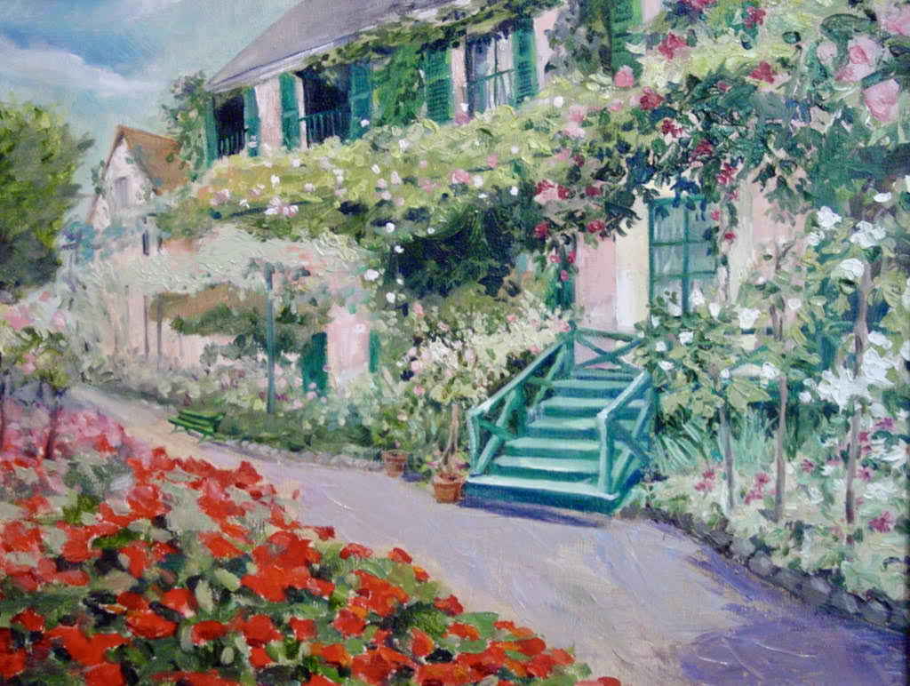 Monet's House at Giverny, framed oil, approx. 20" x 15" by Gwendolyn Evans, sold.