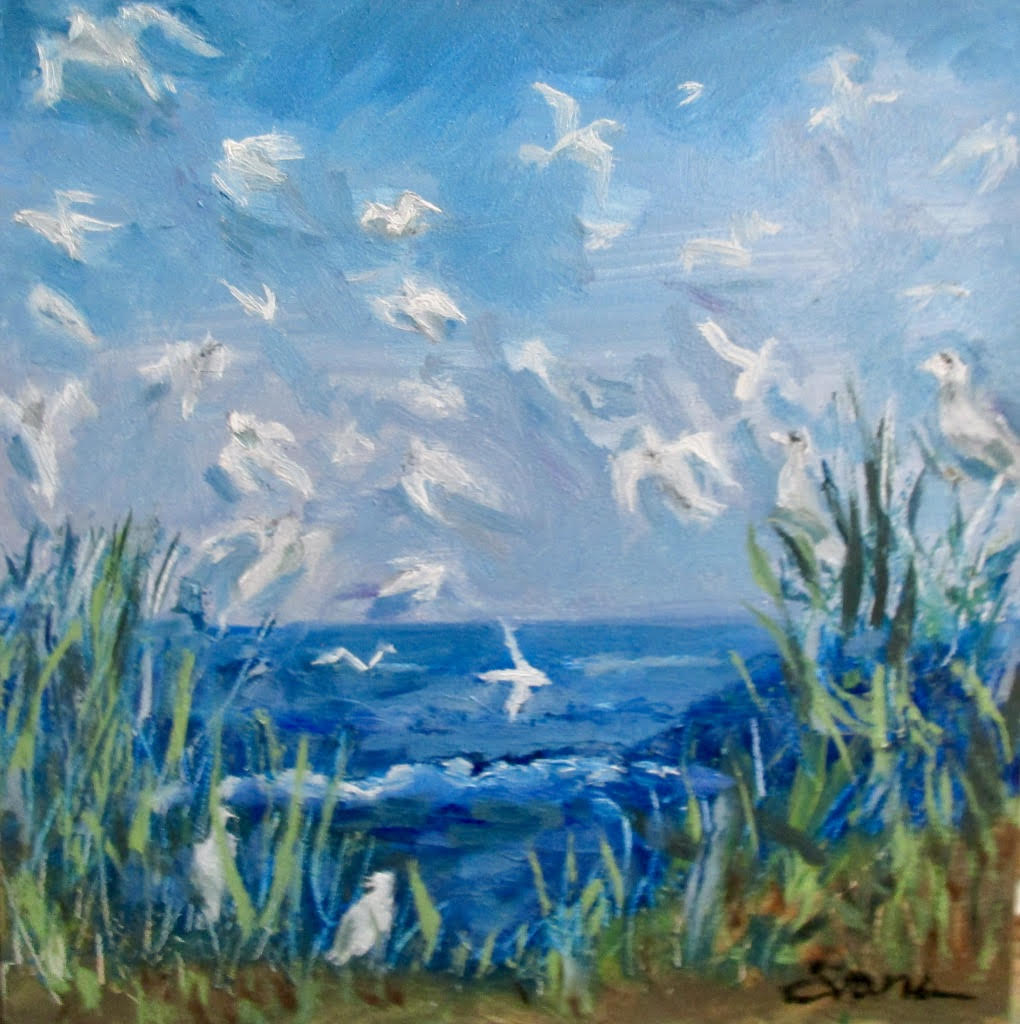 Birds of a Feather 8" x 8" framed oil, $195 by Gwendolyn Evans