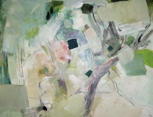 Don't Ask Me, oil with mixed media, 24" x 24," by Gwendolyn Evans, sold.