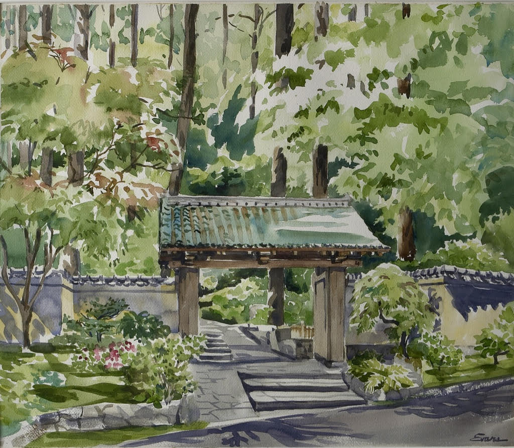 Entrance to the Japanese Garden, Portland, Oregon, matted watercolor, approx. 22" x 18", $675 by Gwendolyn Evans